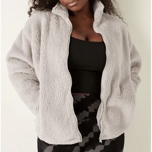 PINK Victoria's Secret XL Cream Teddy Sherpa Fleece Full Zip Jacket Oversized